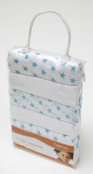 Baroo Muslin Squares Pack Of 6 (3 x white 3 x blue stars)