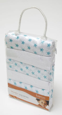 Baroo Muslin Squares Pack Of 6 (3 x white 3 x blue stars)