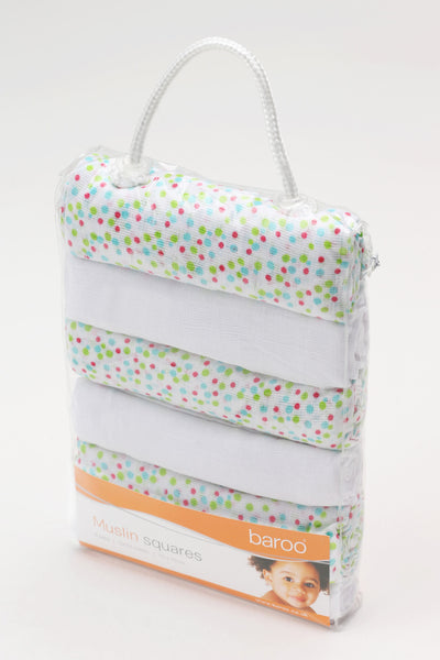 Baroo Muslin Squares Pack Of 6 (3 x white 3 x polka dots)
